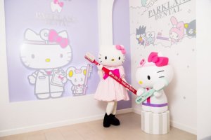 Hello Kitty welcoming new dental patients in patient lobby at Sanrio Friends dental office