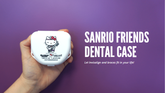 Hand holding Sanrio Friends x Parklane Dental Hello Kitty dental case for Invisalign, リテーナー, and whitening trays