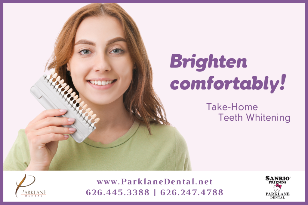 Adult Dental Patient holding shade guide for her Take-Home Teeth Whitening Kit for cosmetic dentistry for patient special