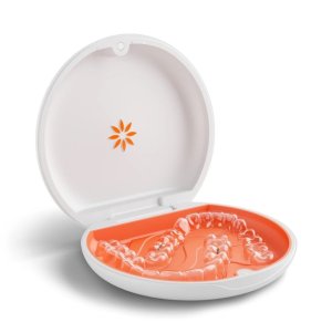 Removable and transparent retainers from Vivera with a white retainer case 
