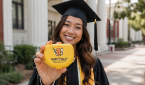 A college graduating holding Parklane Dental Gudetama dental case